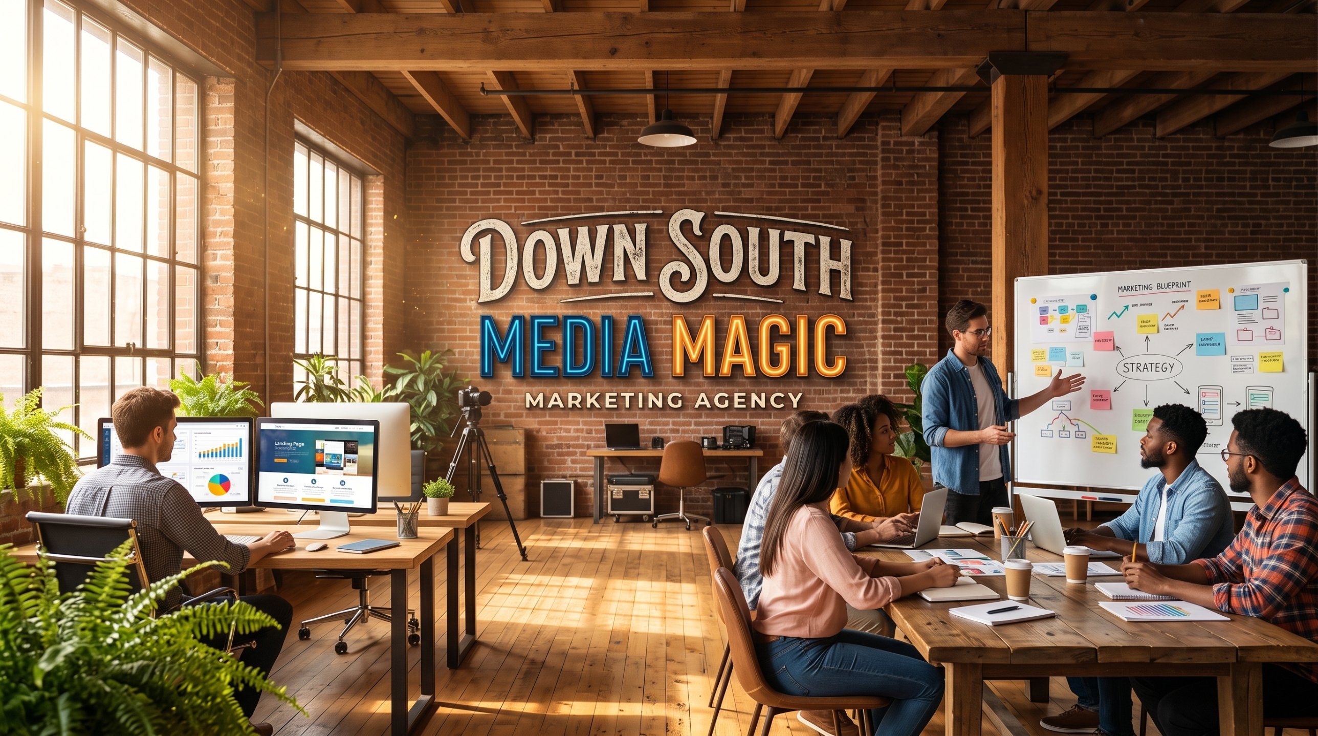 The Down South Media Magic marketing agency team working in a sunlit brick-and-timber office